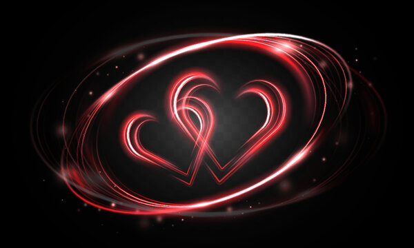 Light heart vortex with glowing garland effect. Neon red and blue hearts made of light trails, swirling rings and sparkles for Valentine&rsquo;s Day, wedding and romantic holiday designs.
