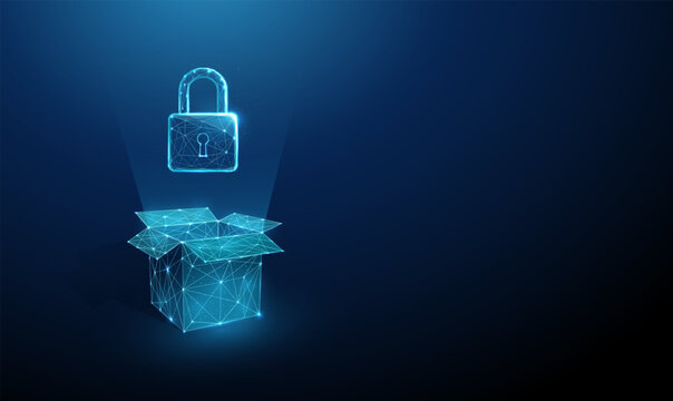 3d open box with padlock. Secure, confidential delivery, safe logistics, trusted service, privacy assurance, ready data security solution concept.