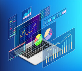 Analytics business data, graphs and charts on laptop screen. Isometric projection. Vector illustration.