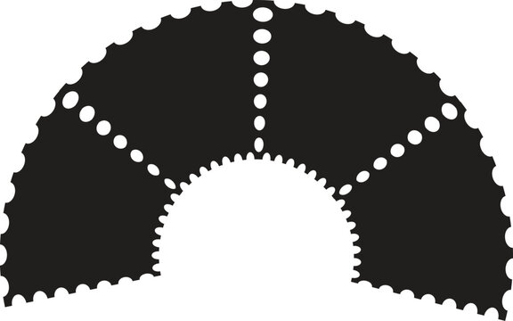 Black semicircular fan shape with scalloped edges and dotted lines  