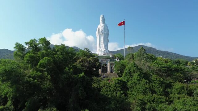 Aerial Approach to Lady Buddha Passing Through the Grand Entrance Gate Da Nang Vietnam