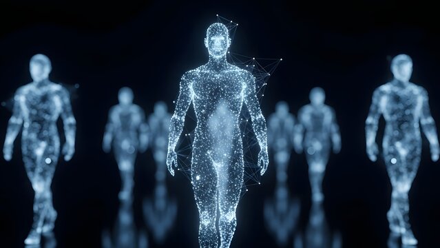 Digital human twins and artificial intelligence clones. Metaverse avatars and futuristic technology. Glowing blue wireframe figures walking forward in a dark virtual space