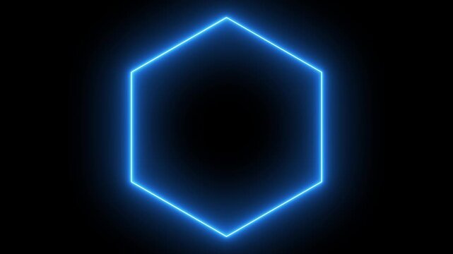 Neon hexagon frame glowing bright blue light