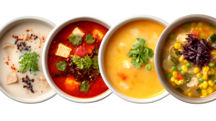 Variety of colorful soups in white bowls on black background