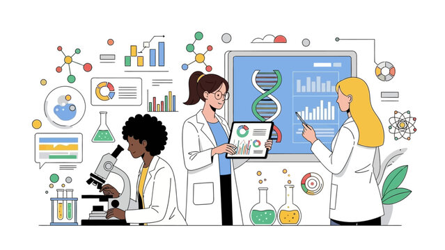 Three women in lab coats engaged in scientific research and discussion with various equipment and graphs on a white background, conveying education and corporate collaboration.