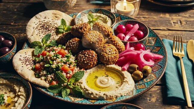 Captivating Close Up of Authentic Middle Eastern Feast Featuring Falafel Hummus Tabbouleh and