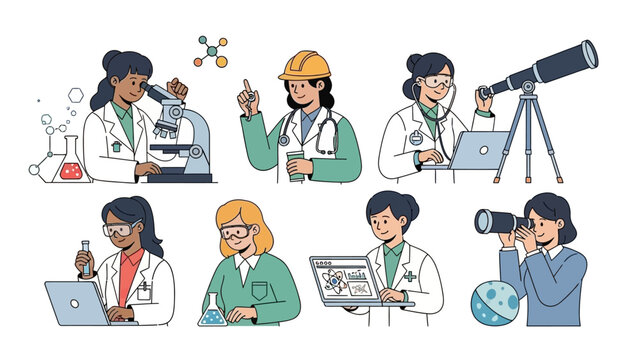 Illustration of diverse women in lab coats and casual clothes engaged in various science and education activities with laptops, microscopes, and telescope in a corporate setting.