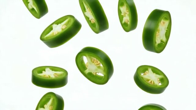 Jalapeo Slices Dance Spicy Green Rings on White with Culinary Spice.