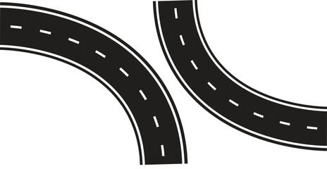Fototapeta premium Two curved black asphalt road segments with white dashed lines on a white background 