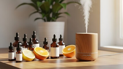Un difusor de madera rodeado de aceites esenciales y naranjas frescas para aromaterapia. © youns