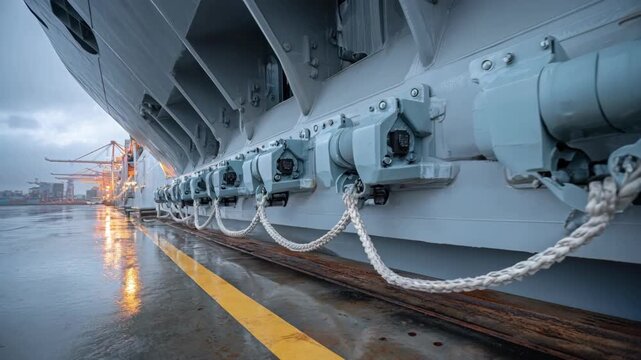 Automatic mooring system engaging mechanical clamps to fasten a ship safely showcasing modern docking technology.