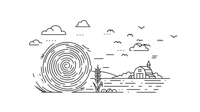 Farm Landscape With Hay Bale Barn And Birds In Motion Graphic Style