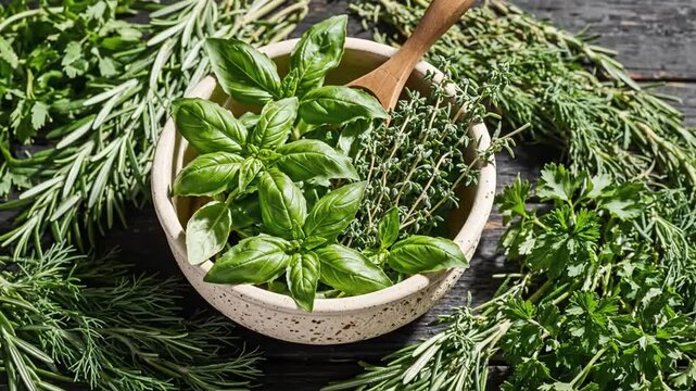 Aromatic Herbs Still Life Fresh Basil Rosemary Thyme and Parsley Culinary Ingredients