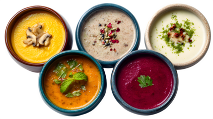 Vibrant bowls of colorful soups garnished with fresh herbs and spices