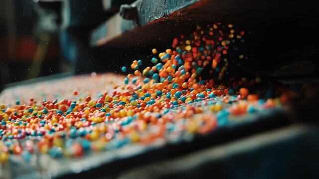 Medium shot of colored vinyl pressing line highlighting vibrant pellets being melted and molded into unique brighthued records.