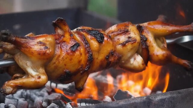 A roasted chicken on a spit over an open flame.