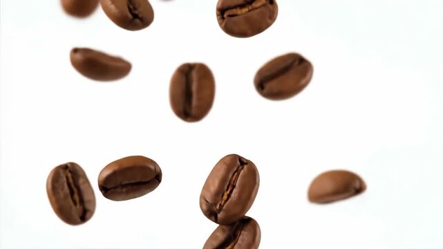 Coffee bean cascade aromatic dark roasted beans with on white background.