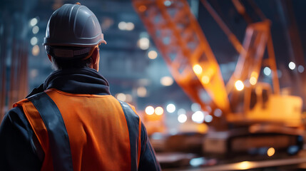 Faceless crane construction operator works late into night, heavy machinery excavator operator wearing high-visibility safety vest and helmet, nocturnal building operations, defocused worker,
