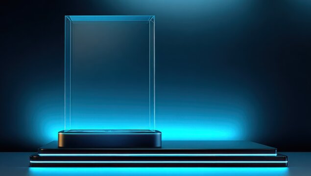 A glass display case sits atop a black platform, illuminated with blue light