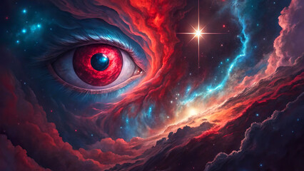 A surreal image depicting a huge, detailed human-like eye nestled within a swirling cosmic cloud of bright red and deep blue nebular gas, blending elements of space and human features.