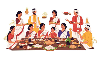 Vector illustration of a traditional Assamese harvest feast during Magh Bihu, showcasing people in cultural attire enjoying a meal together on a long table with various dishes, against a