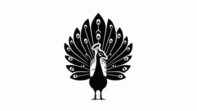 Elegant peacock displaying its magnificent fanned tail feathers in striking black and white silhouette