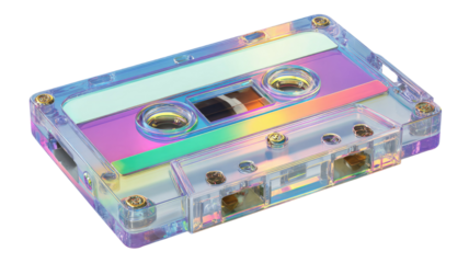 A vintage gradient plastic audio cassette tape is a retro magnetic recording media object isolated on a white background, representing obsolete stereo sound technology from the old music record era