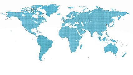 Obraz premium A blue pixelated world map illustration on a plain white background