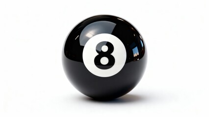 Sleek black eight ball, a classic game piece and symbol of fate, isolated on a clean white background