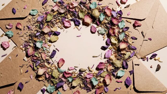 Artistic Arrangement Of Craft Envelopes Adorned With Scattered Colorful Dried Floral Elements