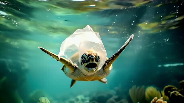 A closeup shot of a sea turtle swimming underwater with a plastic bag on its head. The turtles mouth is open, revealing its teeth, and its eyes are wide open, giving it a surprised expression.