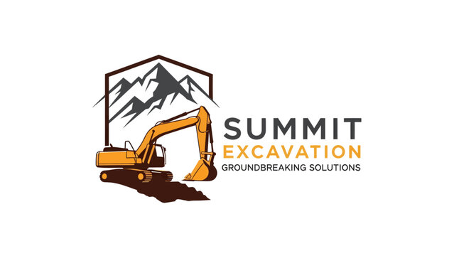 Summit Excavation Groundbreaking Solutions logo featuring an excavator and mountains.
