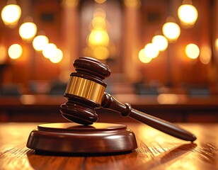 Polished wooden gavel resting on a matching base in a courtroom setting, blurred lights in the background