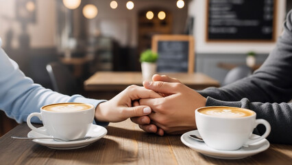 Couple holding hands over coffee cups at a cafe table, symbolizing love and connection