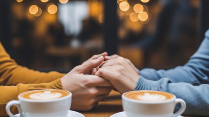 Close-up of two people holding hands across a table with cups of coffee, signifying connection and intimacy in a cozy setting