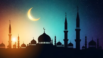 Silhouette of a mosque against a colorful sky with a crescent moon