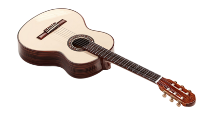 A classic wooden acoustic guitar with brown strings is isolated on a white background as a musical instrument object for playing folk or jazz melody
