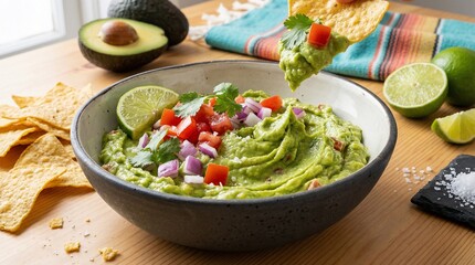 Guacamole bowl with tortilla chips and fresh toppings on wooden table  