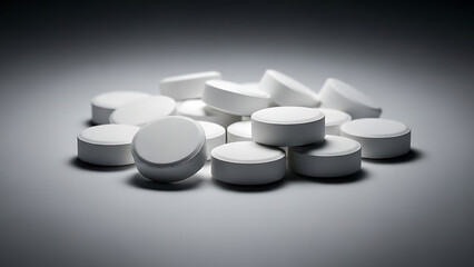A collection of white tablets scattered on a gray surface viewed from a slightly elevated angle
