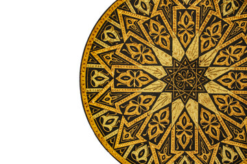 Carved bronze plate embroidery close up detail on white empty  copy space