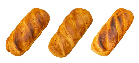 Three loafs of bread rectangular shaped, arranged on an angle isolated on white background, culinary banner