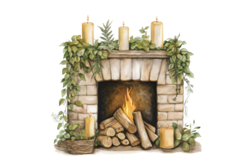 Cozy Fireplace Watercolor Illustration with Burning Fire, Firewood, Candles, and Plants Isolated on Transparent Background