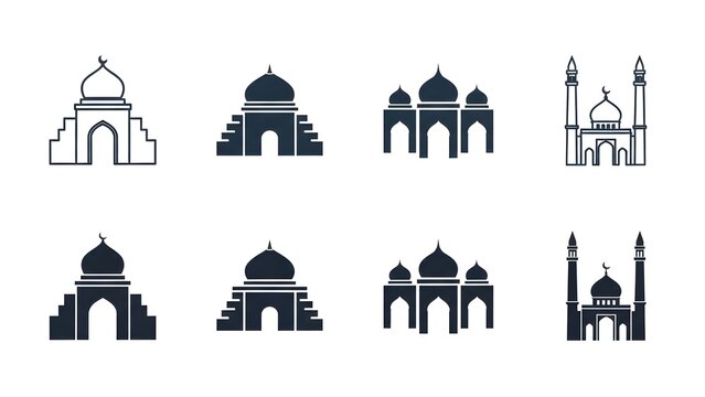 Collection of black and white taj mahal icons on a white background - Powered by Adobe
