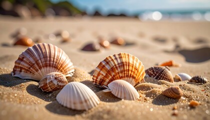 Seashells clustered on a sunny beach, grains of sand glistening in soft light with water, and hills in the background