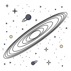 Saturn like planet with ring system and moons in starfield © md solaimas