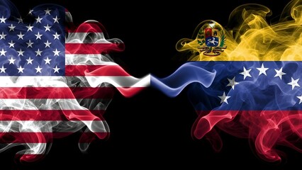 United States and Venezuelan Flags Smoke Art with National Colors and Emblems