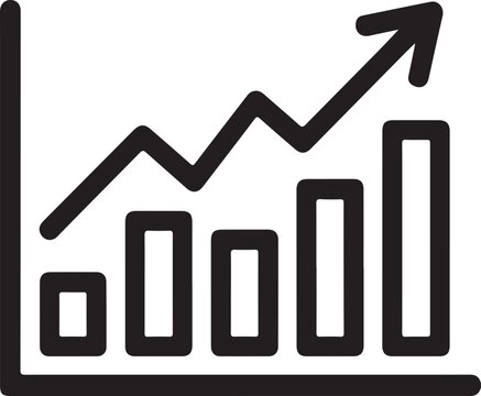 Growing bar graph icon with arrow going up. Financial success and profit growth symbol. Business development and progress chart. Market trend and data 
