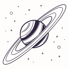 Isolated black and white saturn planet with rings and stars © md solaimas