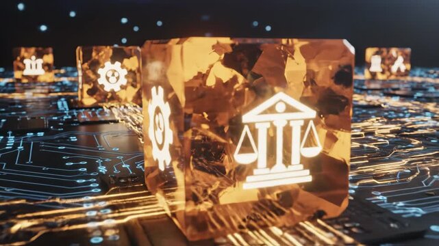 Gold cubes with law and justice symbols on a circuit board with glowing lines