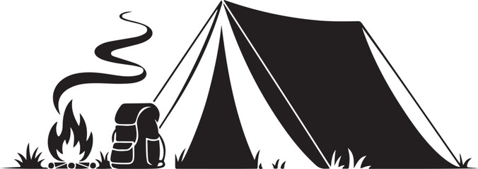 Black and white camping scene with tent and backpack near fire